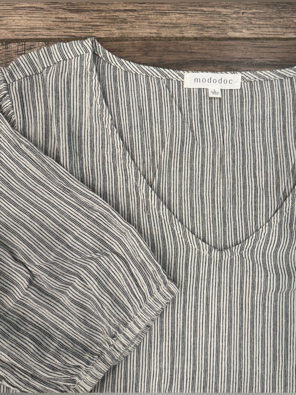 Mododoc Women L 100% Cotton Grey White Striped Top Short Sleeve Nautical Peasant